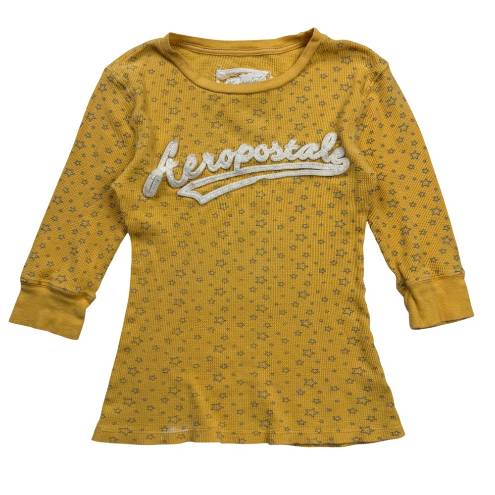 VTG Y2K Aeropostale Yellow Star Print Thermal Waffle Knit Long Sleeve Top Large